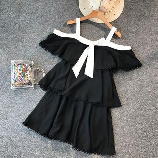 Off-shoulder Bow-detail Layered Dress