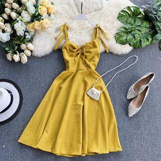 Tie Strap Plaid A-line Midi Dress