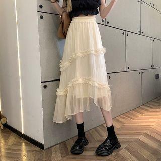 Ruffled Asymmetrical Midi A-line Mesh Skirt