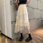 Ruffled Asymmetrical Midi A-line Mesh Skirt