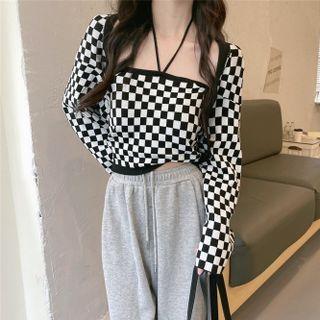 Set: Halter-neck Houndstooth Knit Top + Cardigan