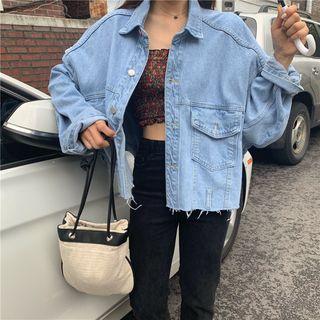 Fringed Denim Loose-fit Jacket Blue - One Size