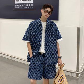 Set: Elbow-sleeve Fray Hem Check Shirt + Wide Leg Shorts