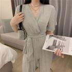 Short-sleeve Cropped Tie-waist Jumpsuit Light Gray - One Size