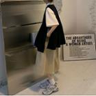 Short-sleeve Blouse / Knit Sweater Vest / Midi A-line Skirt