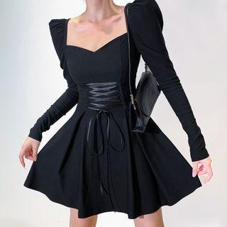 Long-sleeve V-neck Lace-up Mini A-line Dress