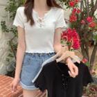 Plain Lace-up Short Sleeve Top