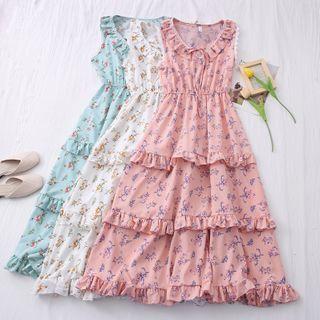 Layered Ruffled-trim Floral Sleeveless Dress