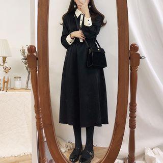 Contrast Color Long-sleeve Midi A-line Dress
