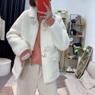 Collared Faux Pearl Toggle Fleece Jacket White - One Size