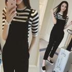 Set: Elbow-sleeve Striped T-shirt + Cropped Jumper Pants