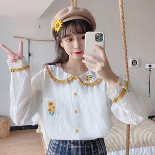 Frilled Trim Embroidered Blouse As Shown In Figure - One Size