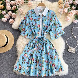 Color Block Collar Print Lace-up Strap Dress