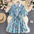 Color Block Collar Print Lace-up Strap Dress