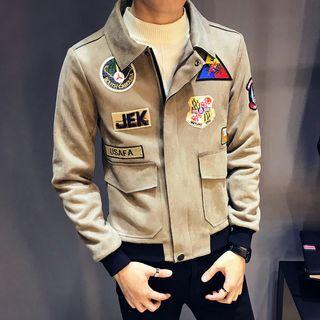 Faux Suede Applique Zip Jacket