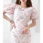 Puff-sleeve Floral Print Laced Dress Pink - One Size