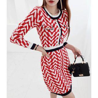 Button-trim Patterned Knit Dress