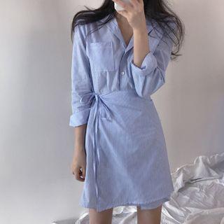 Long-sleeve Shirt Dress Stripe - Blue - One Size