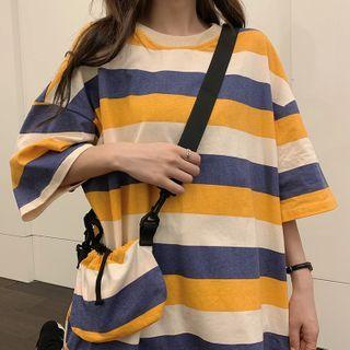 Set: Elbow-sleeve Striped T-shirt + Mini Crossbody Bag