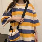 Set: Elbow-sleeve Striped T-shirt + Mini Crossbody Bag