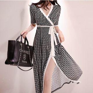 Elbow-sleeve Patterned Maxi A-line Dress