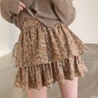 Floral Layered Mini Skirt Khaki - One Size