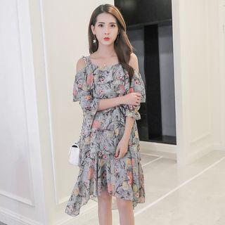 Cutout Floral Ruffled A-line Dress