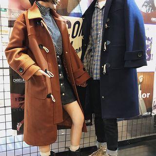 Couple Matching Plain Woolen Hooded Toggle Coat