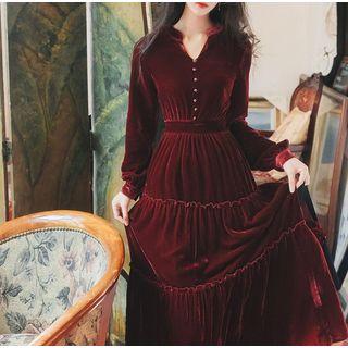 Split-neck Long-sleeve Midi A-line Dress