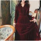 Split-neck Long-sleeve Midi A-line Dress