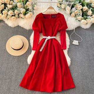 Long-sleeve Scalloped-neck Midi A-line Dress