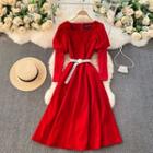 Long-sleeve Scalloped-neck Midi A-line Dress