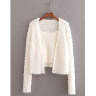 Set: Open-front Cardigan + Camisole Top Set Of 2 - Cardigan & Camisole - Off-white - One Size