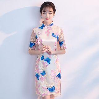 Short-sleeve Embroidered Mini Qiapo Dress