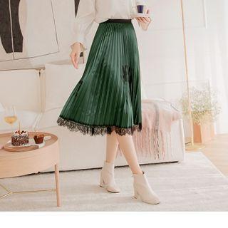 Elastic Waist Lace Panel Pleated Midi Skirt