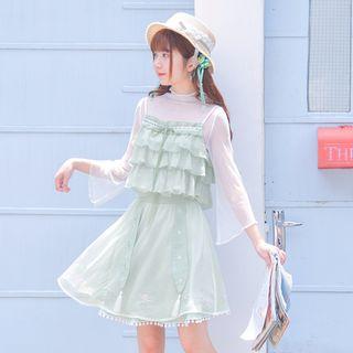 Set: Frill Trim Long-sleeve Chiffon Top + Tiered Spaghetti Strap Top