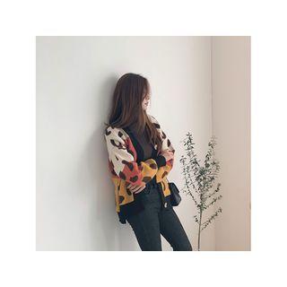 Ringer Leopard Woolen Cardigan Orange - One Size