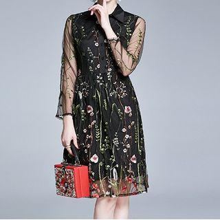 Long-sleeve Floral Mesh Dress