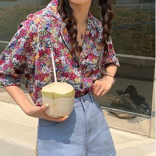 Elbow-sleeve Floral Print Shirt Green & Purple & Yellow - One Size