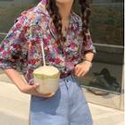 Elbow-sleeve Floral Print Shirt Green & Purple & Yellow - One Size