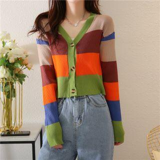 Striped V-neck Cardigan Almond & Orange & Green - One Size