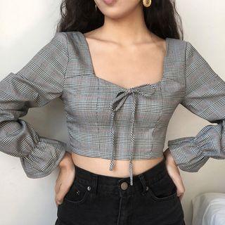 Plaid Cropped Long-sleeve Top