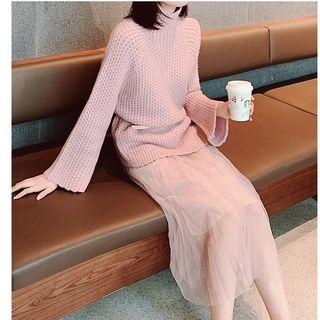 Set: Turtleneck Flared-sleeve Sweater + Mesh Midi A-line Skirt