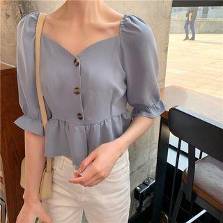 Ruffle-hem Puff-sleeve Blouse