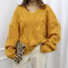 V-neck Perforated Cable-knit Sweater