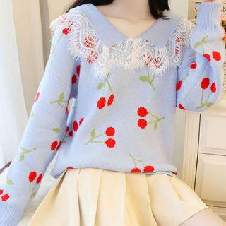 Lace Trim Cherry Pattern Sweater
