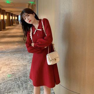Contrast Trim Knit Midi A-line Polo Dress