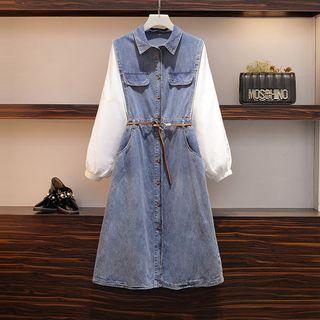 3/4-sleeve Paneled Denim Dress
