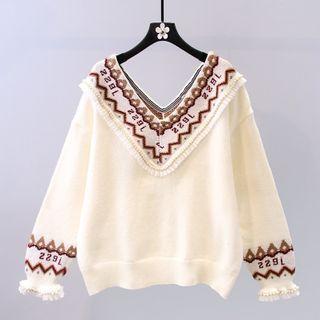 V-neck Beaded Ruffle Trim Sweater