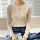 Long-sleeve Round Neck Plain Ribbed Slim Fit Knit Top